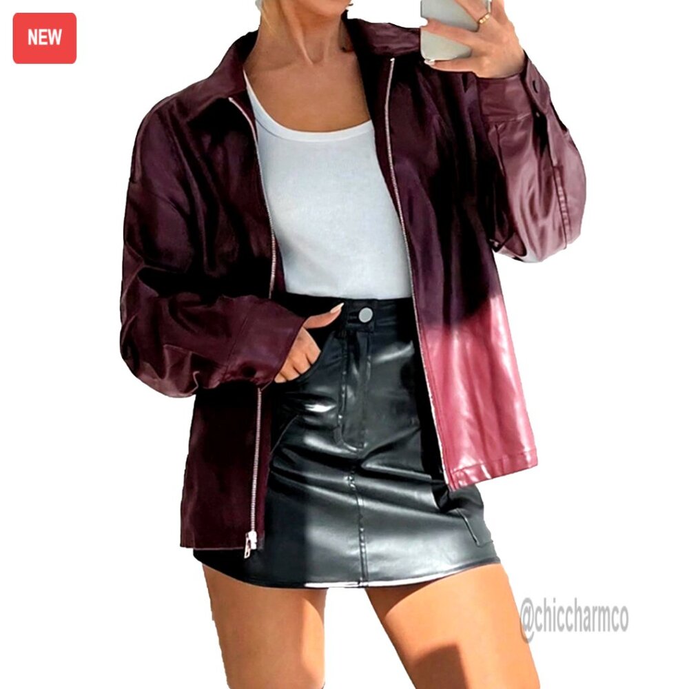 PU Leather Bomber Jacket Zip Up Collared Long Sleeve Outwear